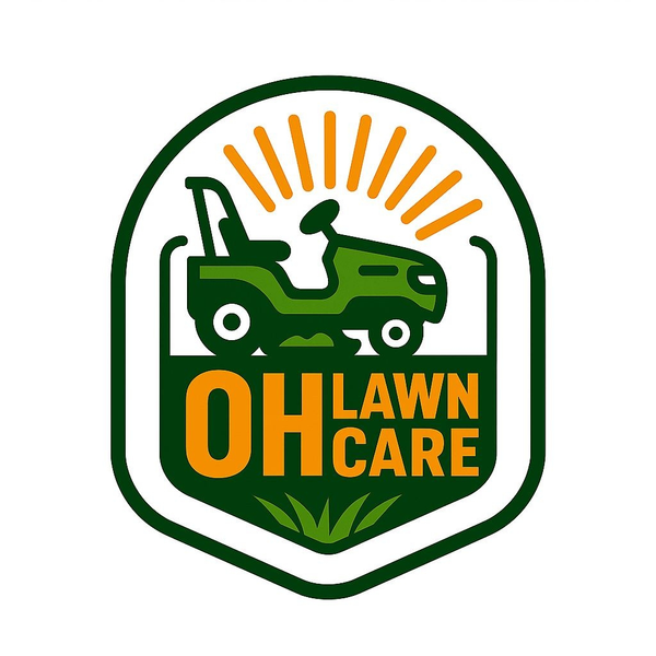 OH Lawn Care logo: a green ride-on mower under orange sun rays